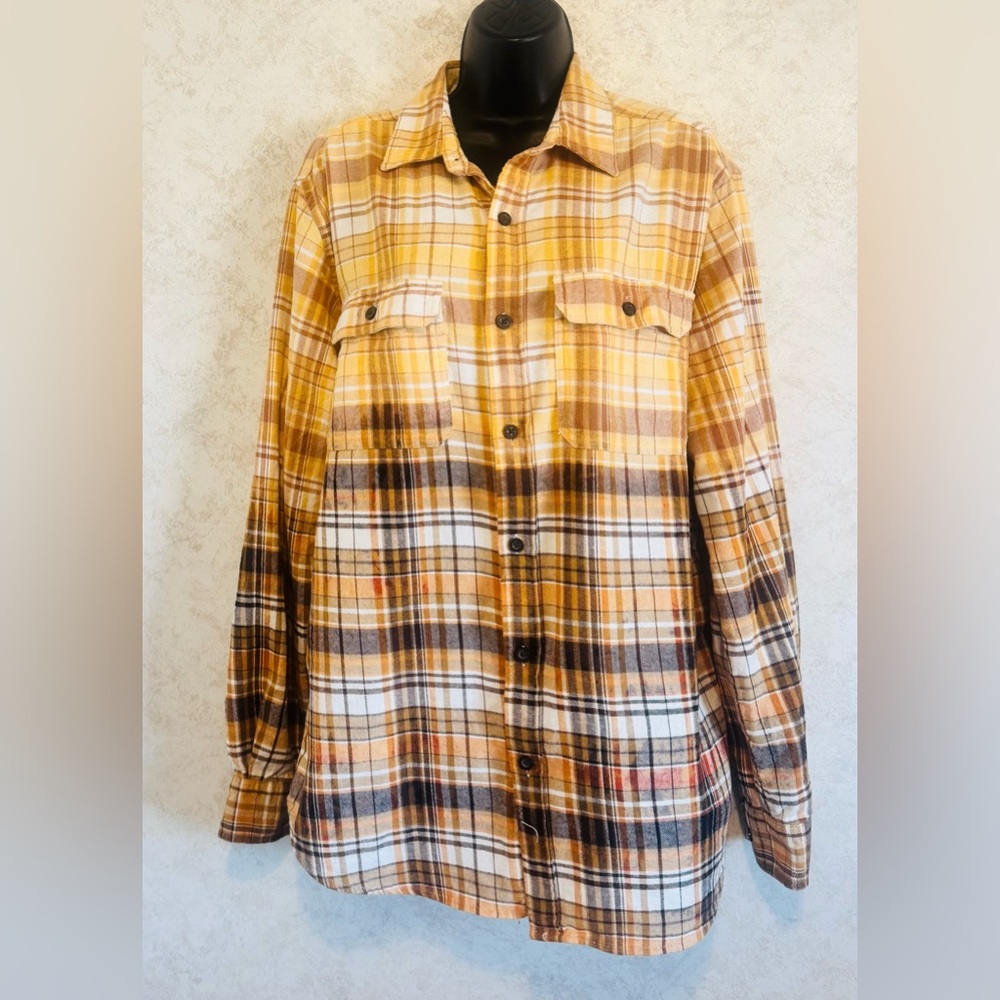 Ocean Coast Unisex Distressed Flannel Bleached Shirt Men's Size LT Yellow Brown
